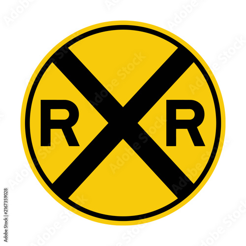 Yellow circular railroad crossing sign with black r r letters and cross shape Vector