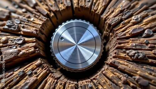 The image features a close up view of a metallic knob or dial embedded within a circular arrangement of broken, weathered wooden sticks and small stones