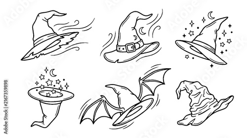 Collection of hand drawn witch hat illustrations for Halloween.