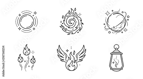A collection of hand drawn mystical and celestial line art icons.