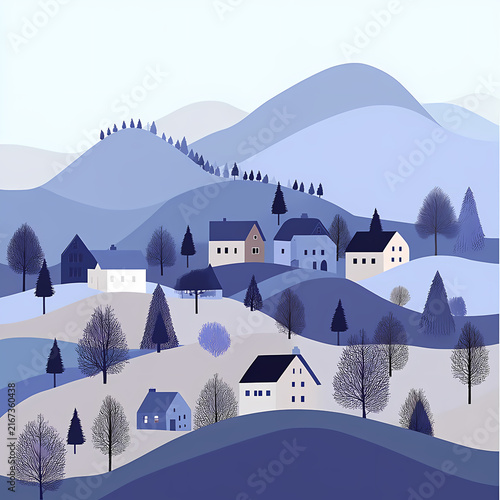 Winter Mountain Village Landscape Illustration