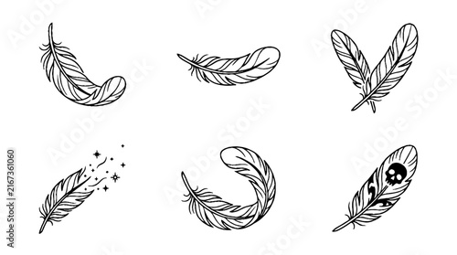 A collection of hand drawn sketch style feathers in various shapes and positions.