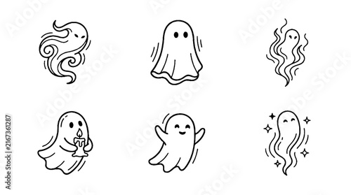 A collection of six hand drawn doodle style ghosts with various expressions and poses.