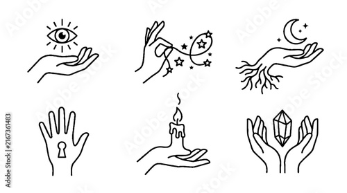 Set of mystical hand icons with magical elements in line art style.