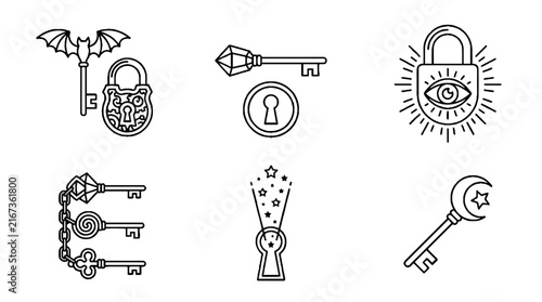Set of mystical and magical keys and locks line art icons.