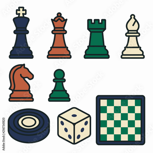 Foto Chess pieces and board with dice and checkers game set