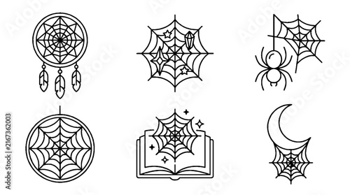 A collection of six mystical and gothic line art icons featuring spider webs and occult elements.