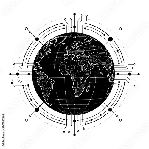 Cyber World vector illustration featuring a futuristic digital globe with circuit patterns, cyber nodes and interconnected data networks. Perfect for cybersecurity, cyberspace, digital transformation,