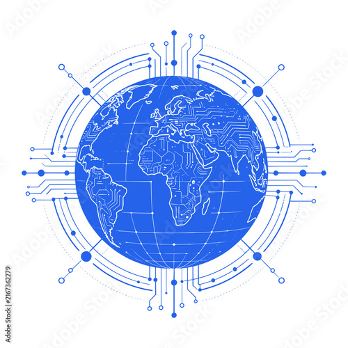Cyber World vector illustration featuring a futuristic digital globe with circuit patterns, cyber nodes and interconnected data networks. Perfect for cybersecurity, cyberspace, digital transformation,