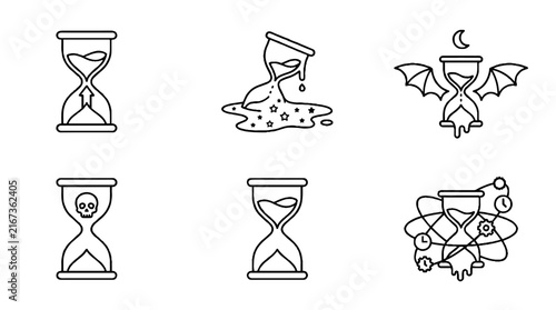 A collection of six unique hand drawn hourglass icons with various creative themes.