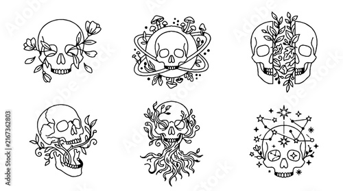 A collection of six intricate black and white line art illustrations featuring skulls combined with botanical and celestial elements.
