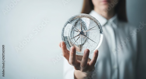 Woman holding a transparent crystal orb with a compass inside, symbolizing guidance and future vision