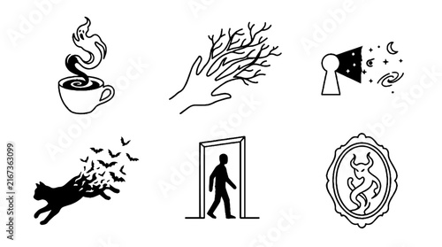 A collection of six surreal and mystical hand drawn black and white line art illustrations.