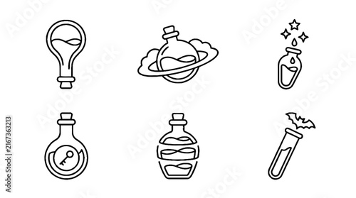 A collection of six distinct line art icons depicting various magical potion bottles and alchemical glassware.