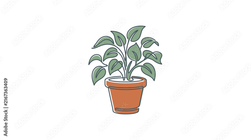 Fototapeta premium A single continuous line drawing of a potted houseplant with green leaves.