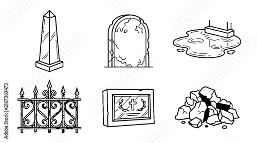 Hand drawn collection of cemetery and graveyard elements in black and white sketch style.