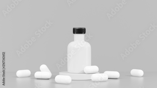 White Supplement Bottle Mockup with Capsules and Podium