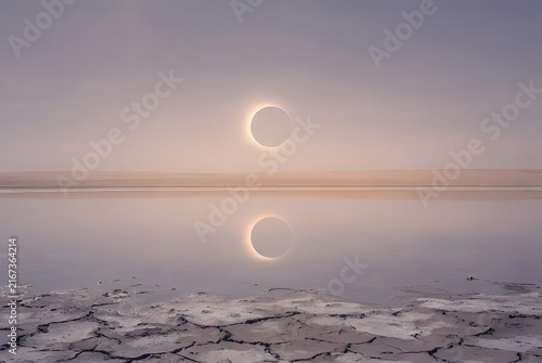 Dramatic sunset over salt flats with circular sun and moon reflections in still water