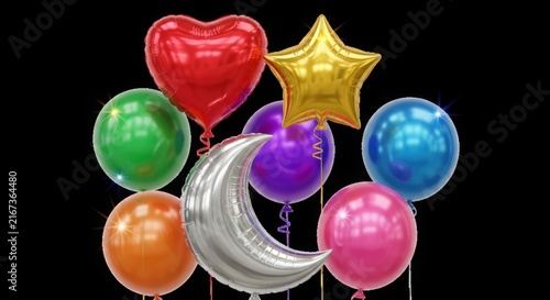 A bunch of colorful balloons and a silver crescent moon illustration