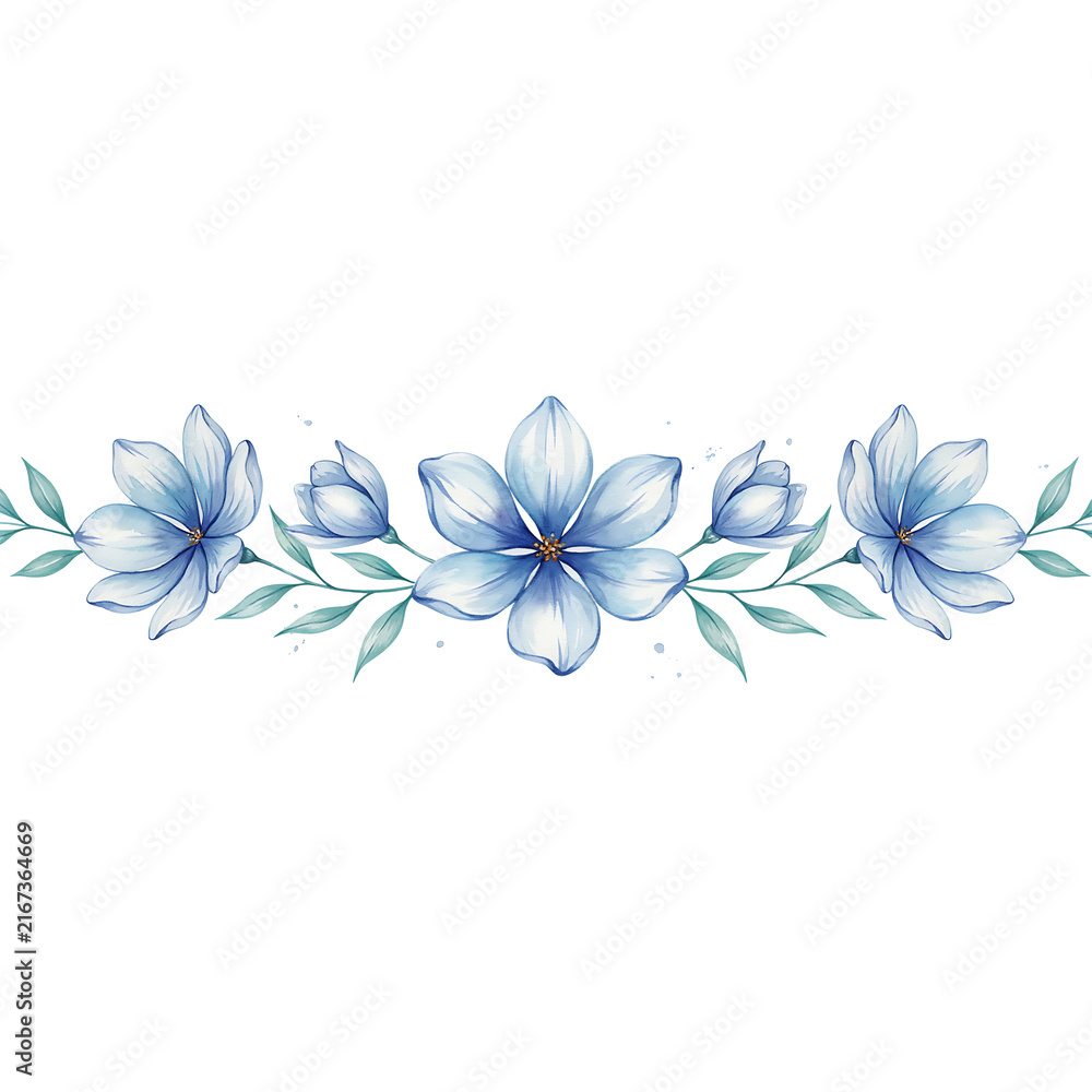 Obraz premium Blue flowers and green leaves arranged in a horizontal border isolated on a transparent background