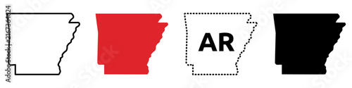 Arkansas state map outline icons, set of 4 vector silhouettes. Minimalist AR geographic borders for infographics and travel design.