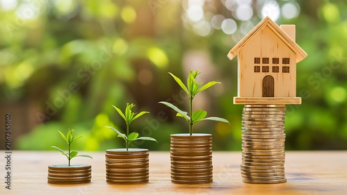 Growing investment concept with house and stacked coins representing real estate wealth