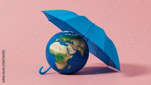 Earth globe protected by blue umbrella symbolizing climate protection and global environmental care
