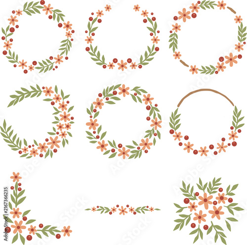 Orange Flower, green leaves and Wild Berry Wreath for Autumn seasonal,Thanksgiving and Harvest Season.