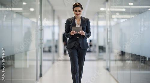 professional businesswoman walking through modern office corridor using digital tablet with conference rooms in background