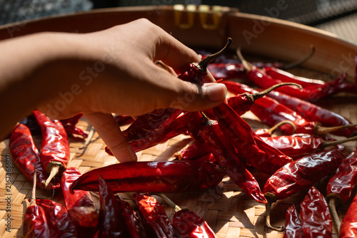 Hand holding dried chili peppers on traditional indonesian woven bamboo basket (besek), prepared to make sambal (spicy sauce), chili oil, or other hot dishes