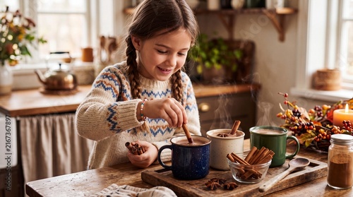 Girl putting cinnamon sticks in mugs
Young girl stirring a hot beverage with cinnamon sticks in a cozy kitchen  