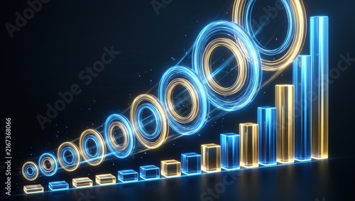 Compound growth visualized as increasingly larger glowing rings and ascending financial bars