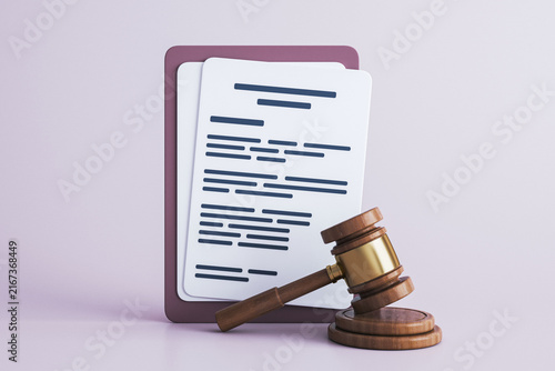 Obraz na płótnie Justice gavel and legal document symbol for courtroom authority, law, judgment, contract review, and legal decision making on a soft light background