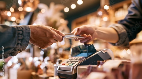 customer paying for products with a credit card at an elegant retail store, cashier operating a modern POS terminal, hands and payment card as visual focus, contemporary shopping environment,