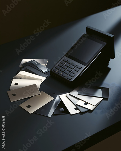 premium credit card payment still life, generic metallic payment cards arranged beside a modern wireless POS terminal, elegant dark desk surface, soft directional lighting, sophisticated financial