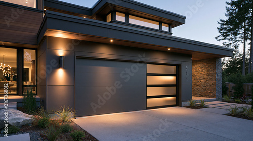Modern dark garage door with glowing frosted glass panels on a luxury house at night. Great for home automation and real estate marketing.