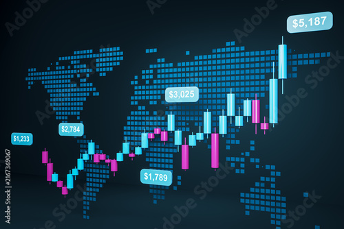 Global forex market growth chart with colorful candlesticks, currency data an...