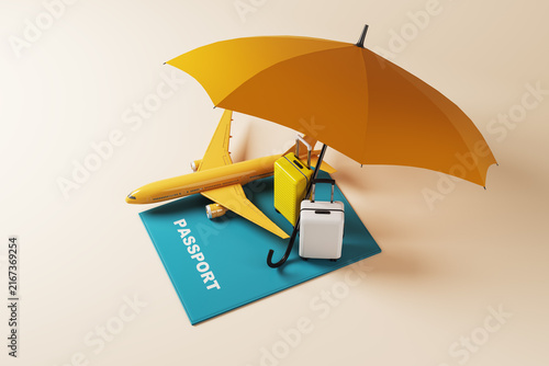Travel insurance concept with yellow airplane, luggage, passport, and umbrella symbolizing secure vacation protection for every journey. 3D Rendering