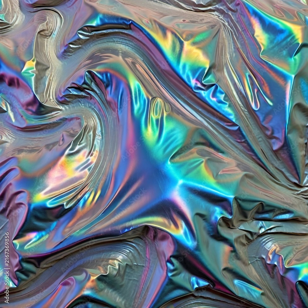 Obraz premium Abstract holographic foil crumple texture with iridescent metallic rainbow colors