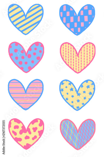 Set of Colorful Patterned Heart Vector Elements with Dots and Stripes