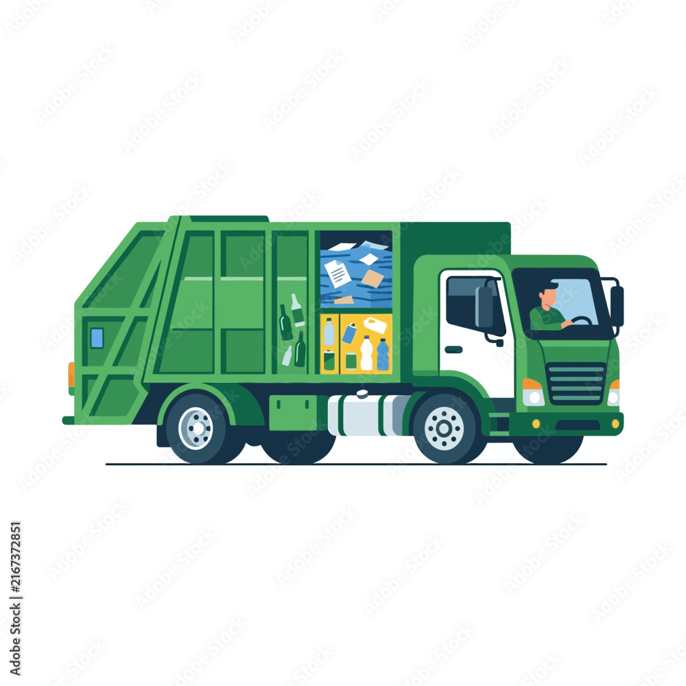 Fototapeta premium Green Garbage Truck Collecting Recyclable Waste