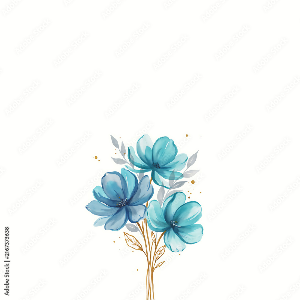 Obraz premium Three blue flowers with golden stems and grey leaves isolated on a transparent background