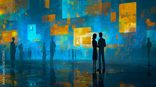 A futuristic office scene with holographic displays and digital screens