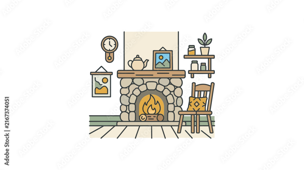 Fototapeta premium Cozy stone fireplace interior with wooden chair and wall decorations.