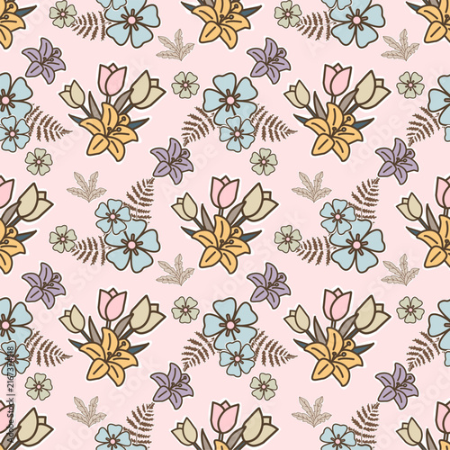 Seamless Pastel Floral Pattern with Hand Drawn Flowers