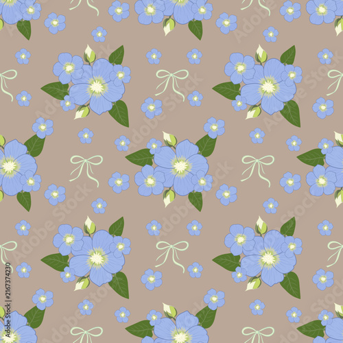 Seamless Floral Pattern with Blue Flowers and Bows