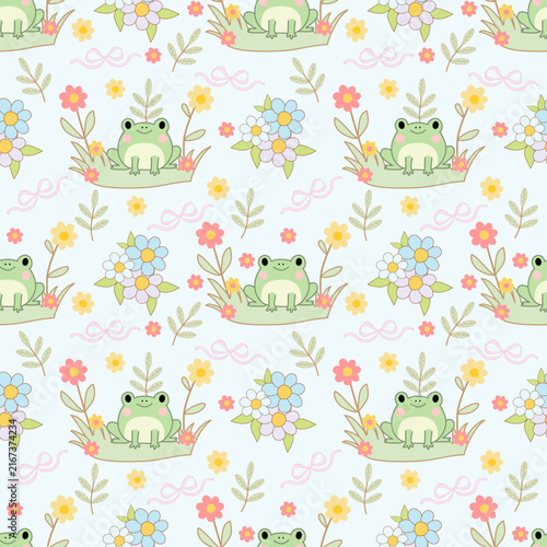 Kawaii Frog and Pastel Flower Seamless Pattern