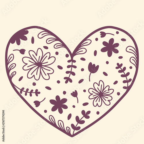 Folk Floral Heart Illustration Vector with Floral Line Art Doodles