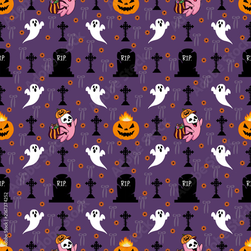 Halloween Seamless Pattern with Ghosts and Jack-o'-Lanterns