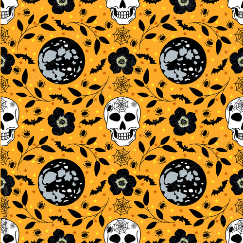 Halloween Seamless Pattern with Skulls, Full Moons, and Bats